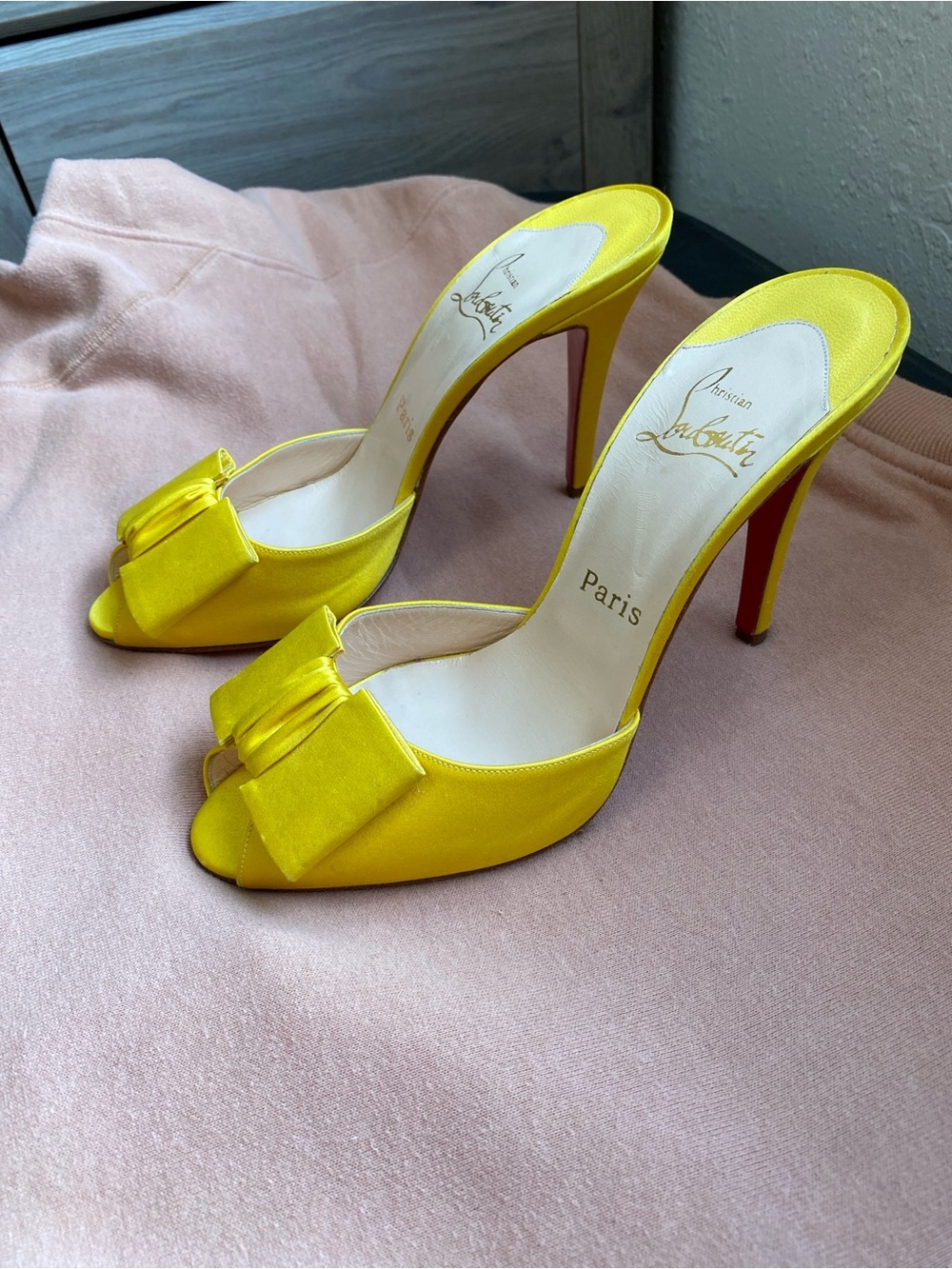 Christian Louboutin Yellow Satin Bow Open-Toe Mule Heels
